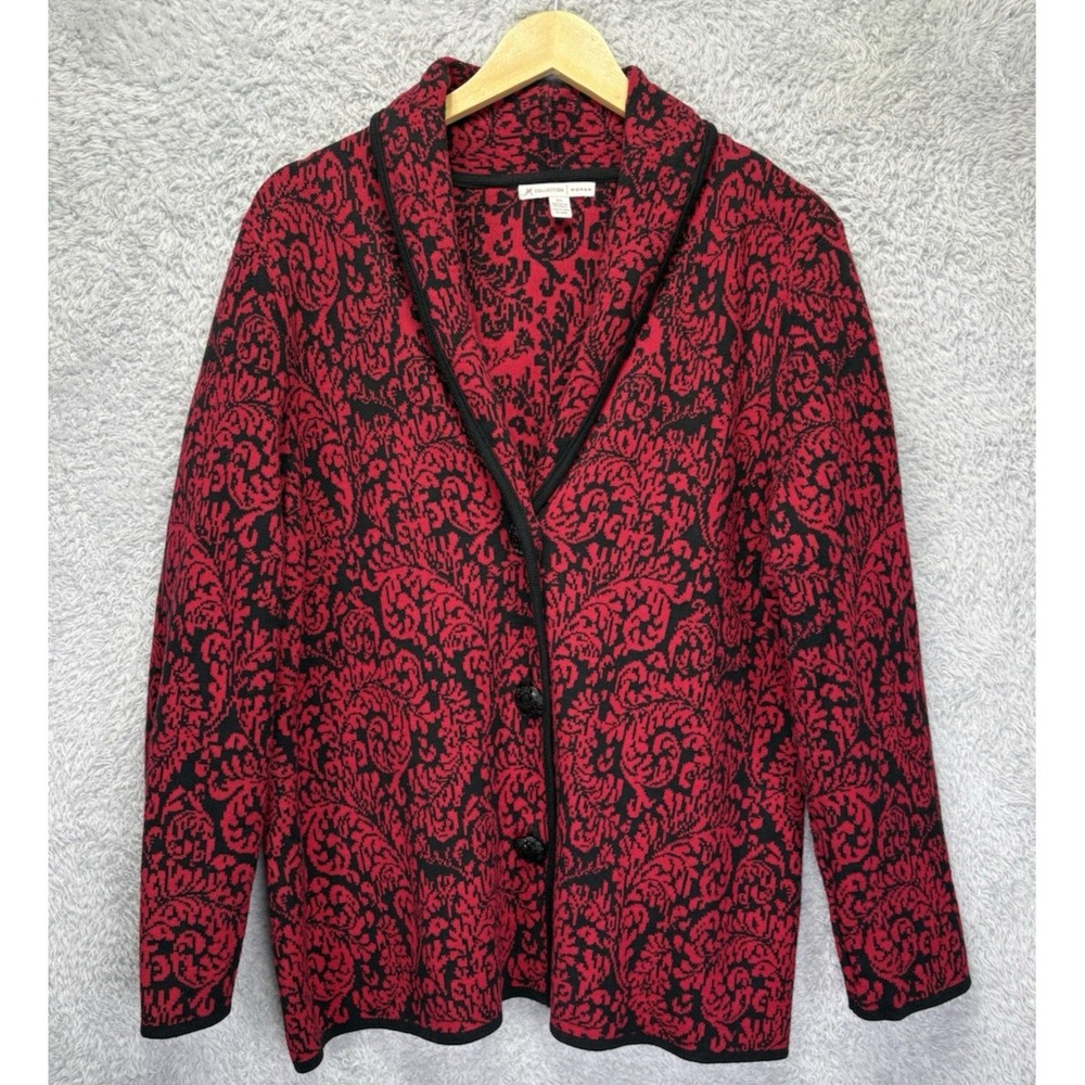 JM Collection Womens 2X Red Black Geometric Cardigan Sweater V Neck Plus Size